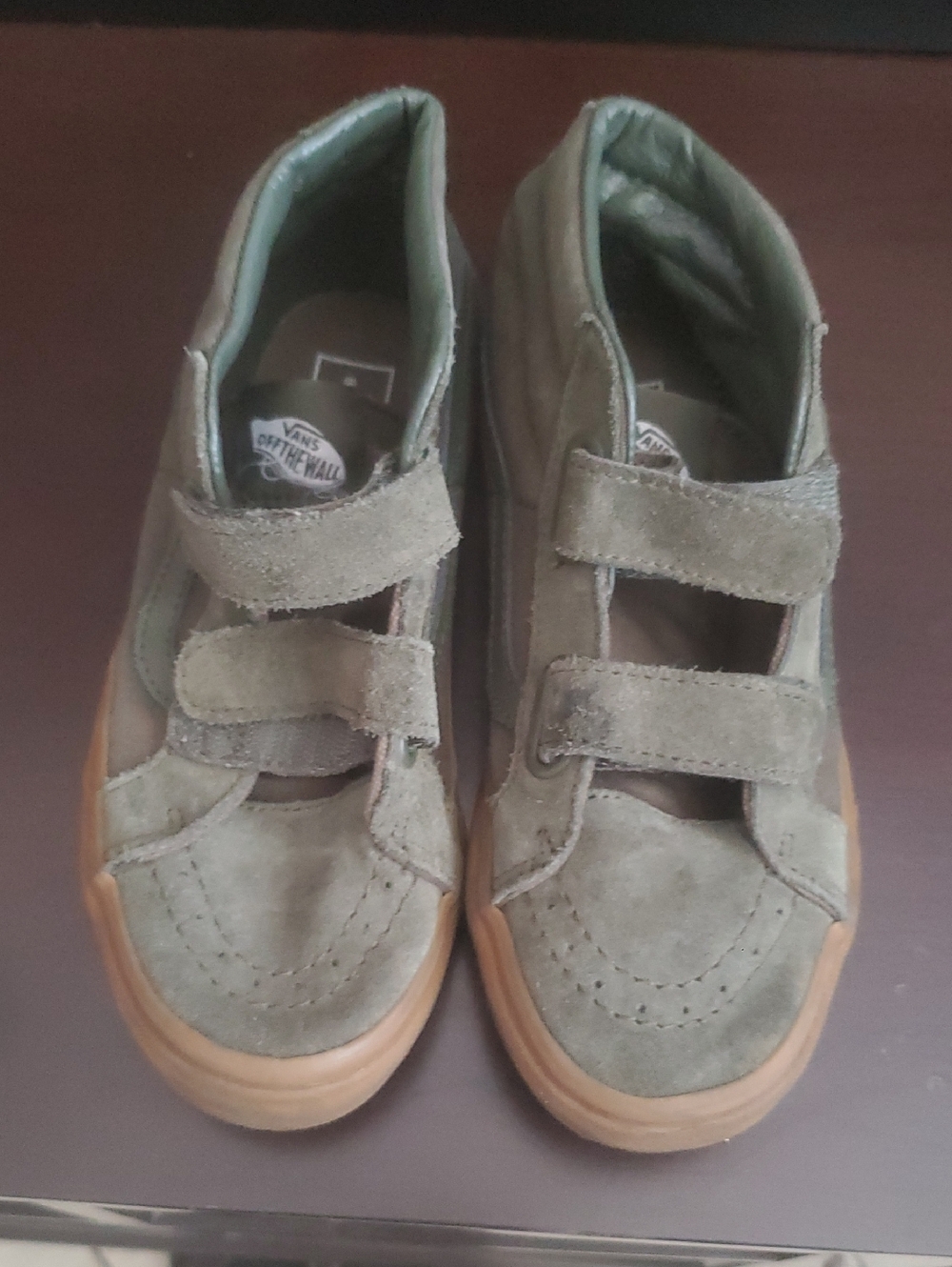 Vans Kids Olive Suede Velcro Sneakers with Gum Sole